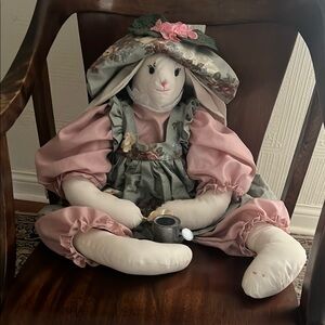 🌺🌺SOLD🌺🌺Vintage Bunny Stuffed Doll in Pink Jumpsuit and Green Floral Dress